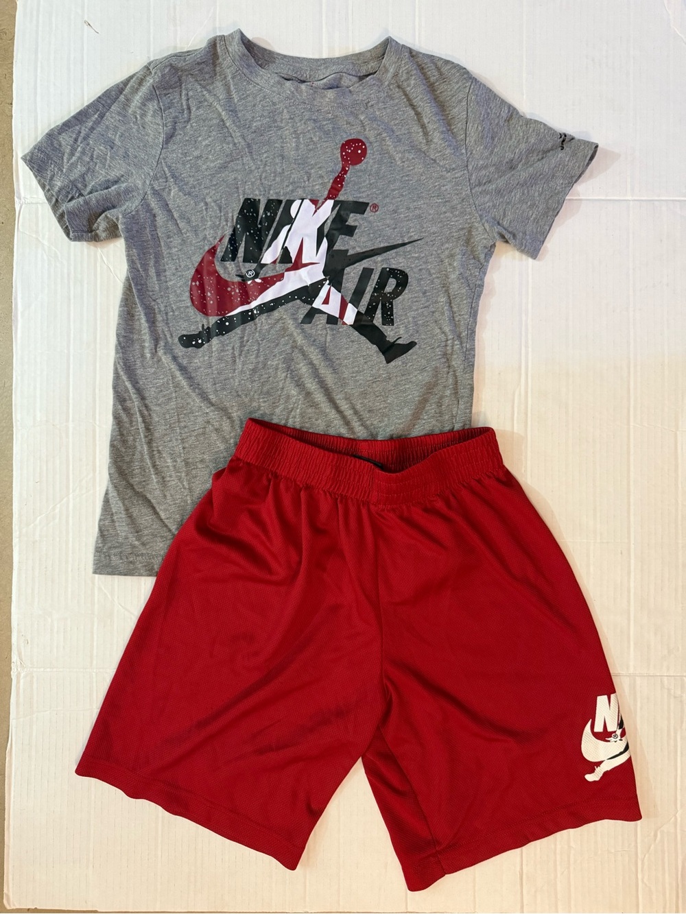 Air Jordan Grey Graphic Tee with Red Athletic Shorts set Sz(M 10-12)